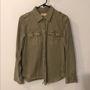 Distressed army green button down shirt